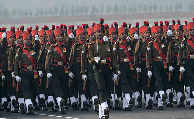 Indian Army soldiers march during the Army Day parade in New Delhi. (RAVEENDRAN/AFP/GettyImages)





